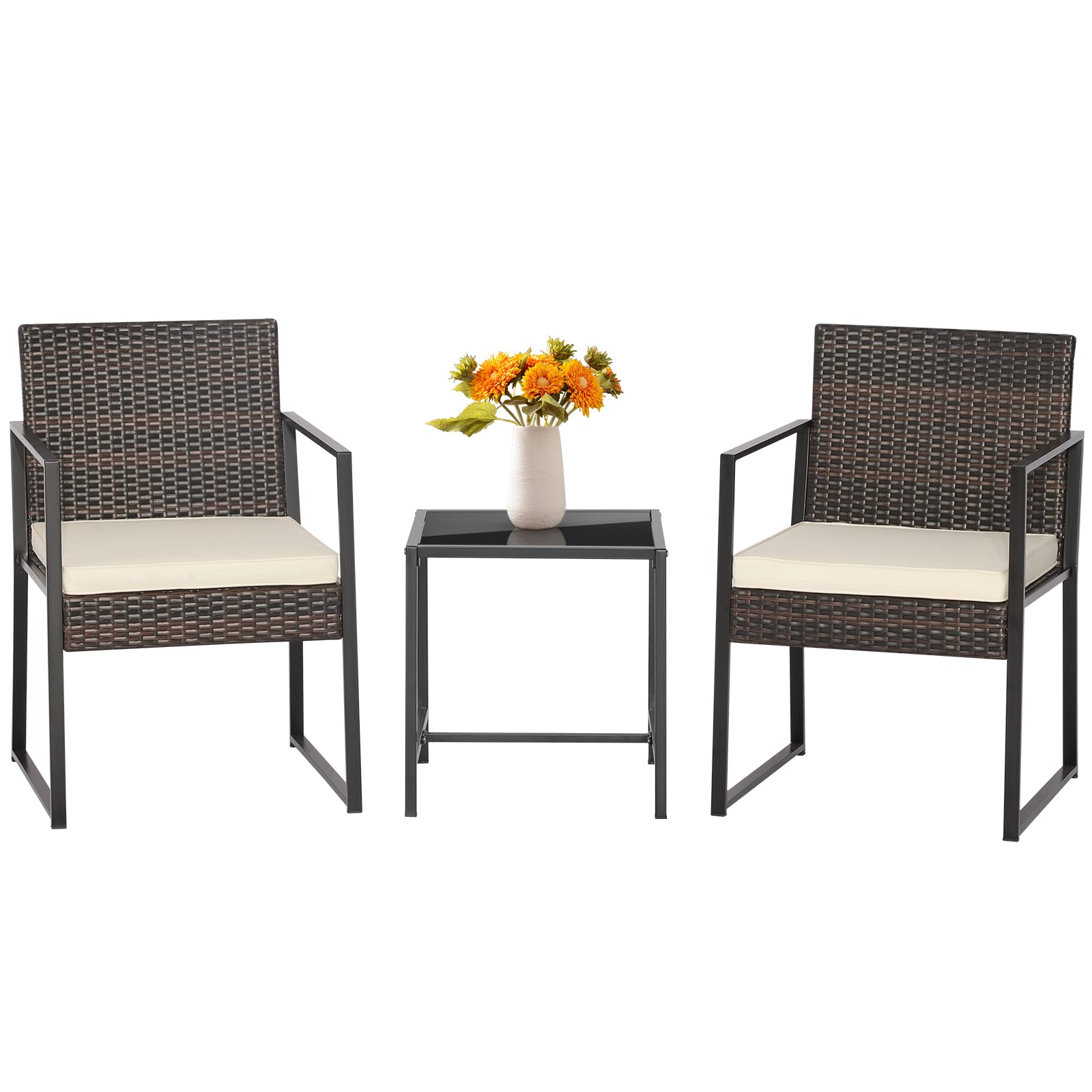 Tangkula Ensemble de 3 Meubles de Patio, Chaises en Rotin Rembourrées Tout Temps et Table Basse Modernes et Robustes